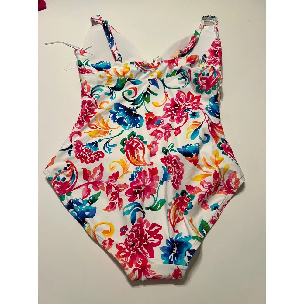 Anne Cole Womens Floral Paisley Ruched One Piece Swimsuit White‎ Multi Color 12